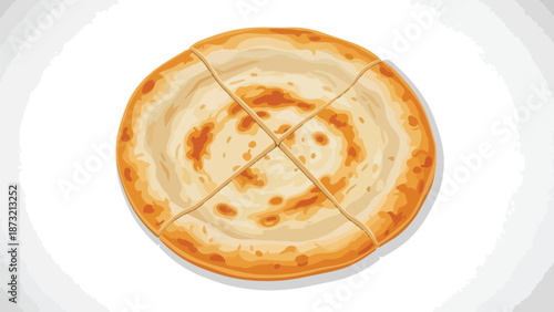 Golden brown artisanal layered flatbread illustration, precisely divided into four equal triangular portions, perfectly showcasing a delectable