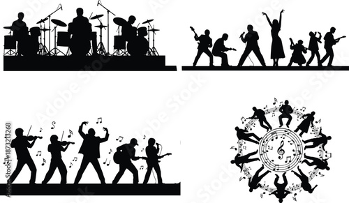 Music band silhouettes performing on stage with orchestra artists showing concert entertainment and sound rhythm energy