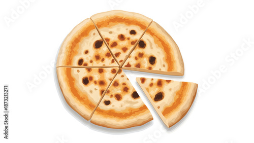 A freshly baked golden flatbread, expertly sliced into six delicious portions, with one inviting wedge separated, presenting a visually appealing