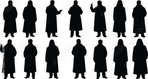 Silhouettes of people in hooded cloaks, standing and gesturing on checkered background