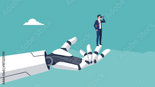 Businessman standing on robotic hand looking into the future with binoculars