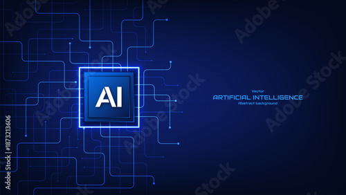 Concept of artificial intelligence. Abstract futuristic blue circuit board background with an AI chip. Innovation futuristic concept. Big data and machine learning. Deep learning. Vector illustration.