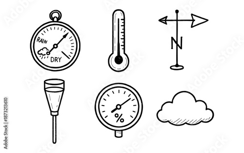 Hand-drawn weather instruments including thermometer, barometer, and wind vane