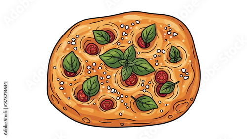 Hand-drawn focaccia with fresh basil and cherry tomatoes, a delightful bread illustration.