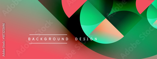 Abstract colorful design. Overlapping shapes create dynamic visual effect. Red, green, pink hues dominate composition. Modern aesthetic.