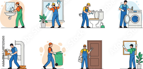 Professional Home Maintenance And Repair Services Illustration Set Featuring Plumber, Electrician, Cleaning, Installation, Renovation Workers For Modern House Interior Vector Design