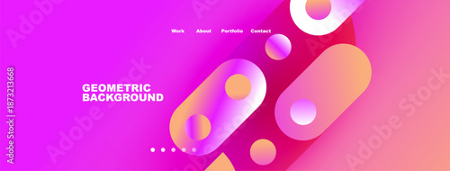 Abstract geometric design. Vibrant colors, pinks, purples, blues create dynamic background. Minimalist text elements present website navigation.