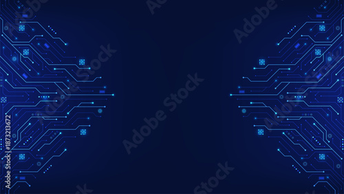 Abstract circuit board background in blue. Technology lines circuit and dots. AI innovation futuristic concept. Motherboard and HTML code. Big data and digital tech. Vector illustration.