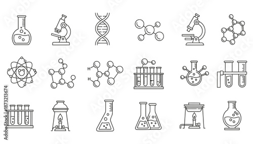 Collection of various science and laboratory icons in outline style on white background