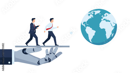 Businessmen walking on robotic hand towards global opportunities