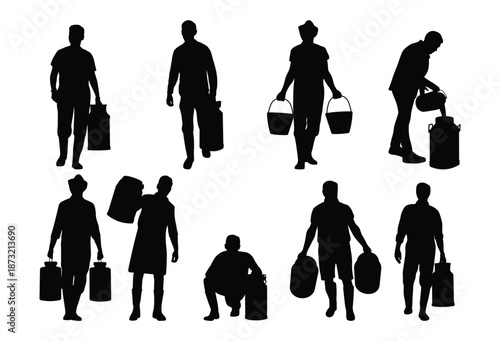 Silhouette of Dairy Milk Farmer Carrying Buckets and Milk Containers in Various Working Poses
