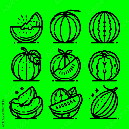 Flat lay illustration of various watermelon slices and whole watermelons in black outline on a bright green background.