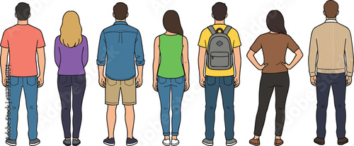 Rear view of diverse group of young adult students standing together casual clothing people illustration with backpack college generation lifestyle