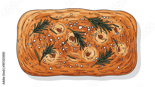 Hand-drawn rustic focaccia bread illustration featuring aromatic rosemary sprigs and flaky sea salt crystals on a warm golden baked dough surface an