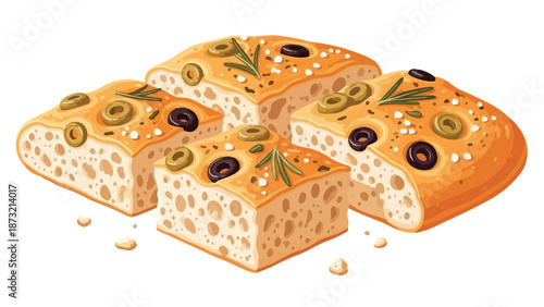 Exquisite focaccia bread portions, golden crust, airy texture, adorned with green and black olives, fresh rosemary, sea salt, perfect for a gourmet
