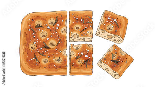 Artisanal Focaccia Bread Illustration with Rosemary and Sea Salt on White Background