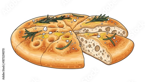 Illustrated freshly baked focaccia bread with rosemary and coarse sea salt, an inviting culinary depiction