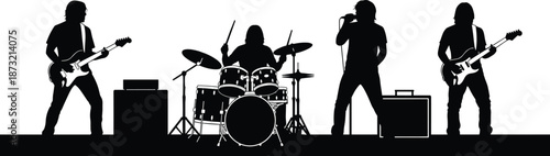 Rock band silhouettes performing with guitars drums and singer on stage isolated music concert illustration set on white background