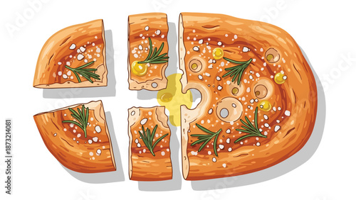 Artisan focaccia bread with rosemary and sea salt, freshly baked and segmented, perfect for a gourmet culinary presentation.