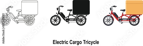 Collection of electric cargo tricycles illustration of delivery vehicles for logistics and transportation isolated on white
