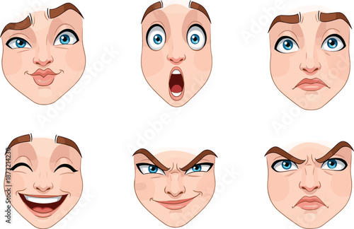 Set of cartoon facial expressions showing emotions, feelings, reactions, and human psychology for animation, design, communication, and storytelling concepts