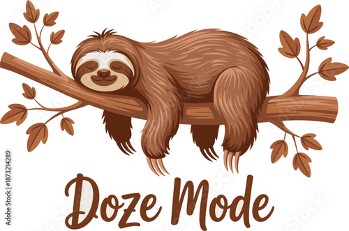 Cute Sleeping Sloth on a Tree Branch with "Doze Mode" Text Cartoon Illustration