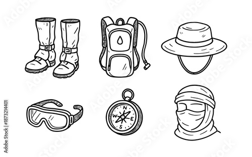 Hand-drawn adventure gear including boots, backpack, hat, goggles, compass, and head covering