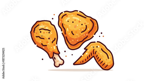 A delightful trio of crispy golden fried chicken pieces featuring a succulent drumstick a hearty thigh cut and a perfectly seasoned wing offering an