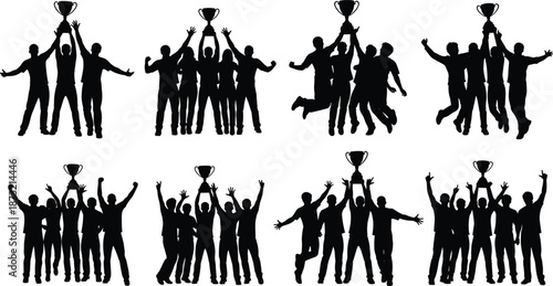 Silhouette team celebrating victory holding trophy, group of winners jumping together, success, achievement, teamwork, championship concept illustration, sports business motivation