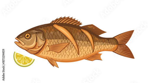 Detailed illustration of a whole fresh fish, skillfully prepared for cooking with decorative scoring lines, perfectly complemented by a vibrant