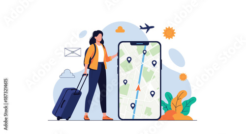 Female traveler with a suitcase and backpack uses a large smartphone with a map app for navigation and trip planning.