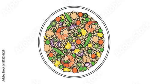 Top view illustration of shrimp fried rice with mixed vegetables and prawns
