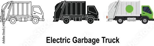Collection of electric garbage truck icons representing waste management and eco-friendly transport isolated on white background