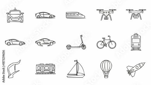 Collection of Hand Drawn Transportation Icons and Symbols.