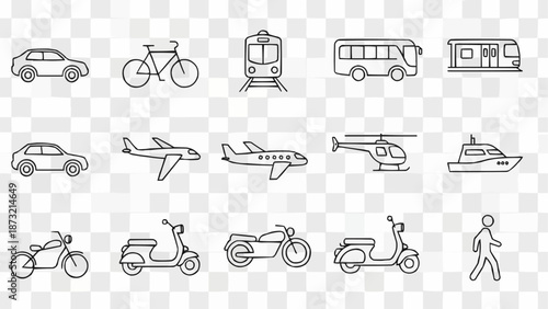 Collection of Hand Drawn Transportation Icons on Transparent Background.