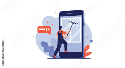 Professional window cleaner with a squeegee emerges from a giant smartphone, representing an on-demand home cleaning service app.