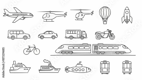 Collection of Hand Drawn Transportation Vehicles and Aircraft.