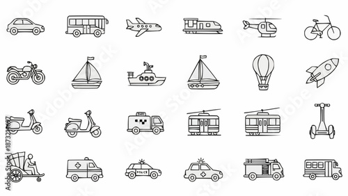 Collection of Hand Drawn Transportation Vehicles and Modes of Travel.