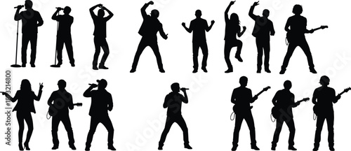 Vector collection of singer musician and guitarist silhouettes performing dynamic concert poses isolated on white background stage band art people