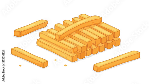 A delightful and vibrant cartoon illustration of crispy golden-brown fried potato sticks, forming a delicious pile with several scattered, iconic