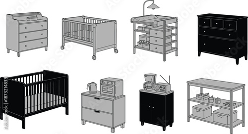 Nursery furniture illustration, grayscale baby room setup, crib and dresser designs, changing table, storage units, interior layout, childcare