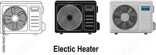 Collection of electric heater icons representing different styles from line art to realistic ideal for HVAC services and home appliance concepts