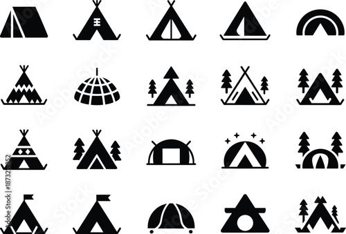 Set of Black Minimalist Camping Tent and Outdoor Shelter Icons in Various Styles Illustration