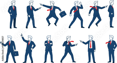 Vector silhouette set of businessman in suit with red tie various dynamic poses isolated white background corporate business people illustration