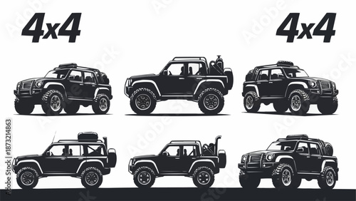 Collection of Off Road 4x4 Vehicles in Silhouette Style.