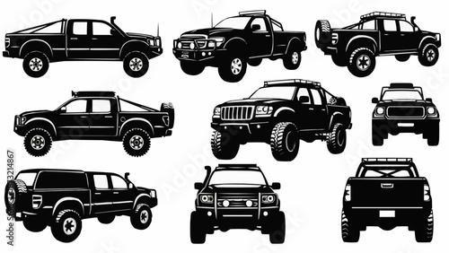 Collection of Off Road Trucks and SUVs Vector Illustrations.