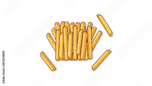 Crispy golden fried potato sticks scattered on a pristine white background showcasing a delicious fast food snack