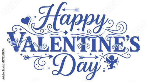Happy Valentines Day Greeting Card with Blue Text and Decorations