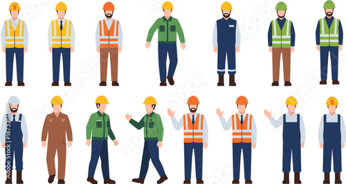 Vector illustration of professional construction workers safety uniform industry labor team engineering isolated characters flat design