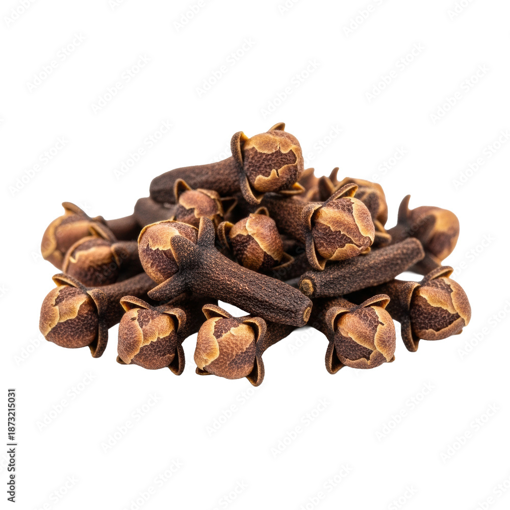 Fototapeta premium Close-up macro of dark brown, dried whole cloves artfully arranged in a small pile on a transparent background with copy space, showcasing intricate textures, concept of natural culinary ingredients